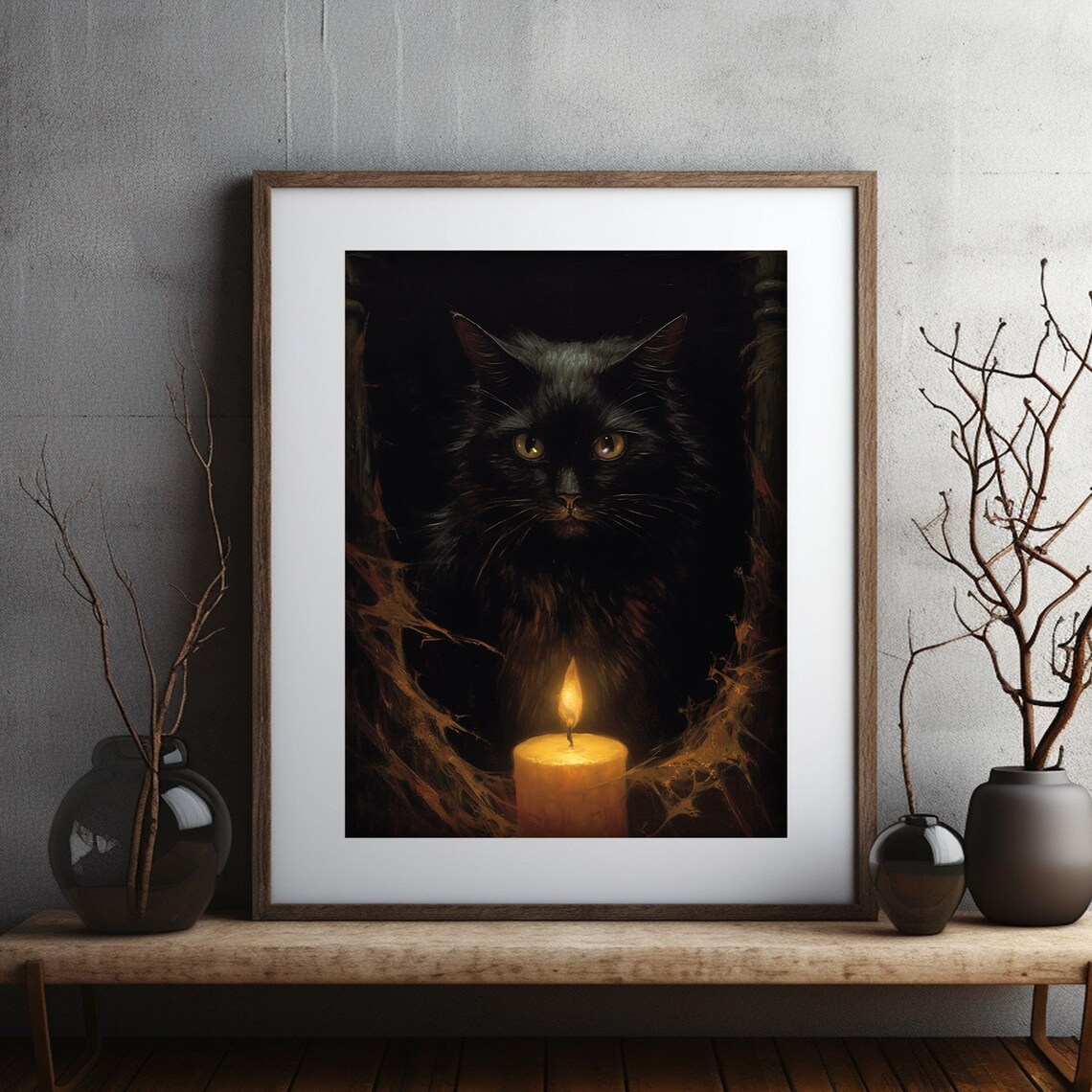 Black Cat in Darkness Behind Lit Candle Glowing Eyes Gothic Halloween Poster - Image 2