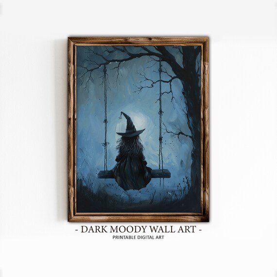 Lonely Witch On Swing Beneath Moonlit Night Gothic Art Print