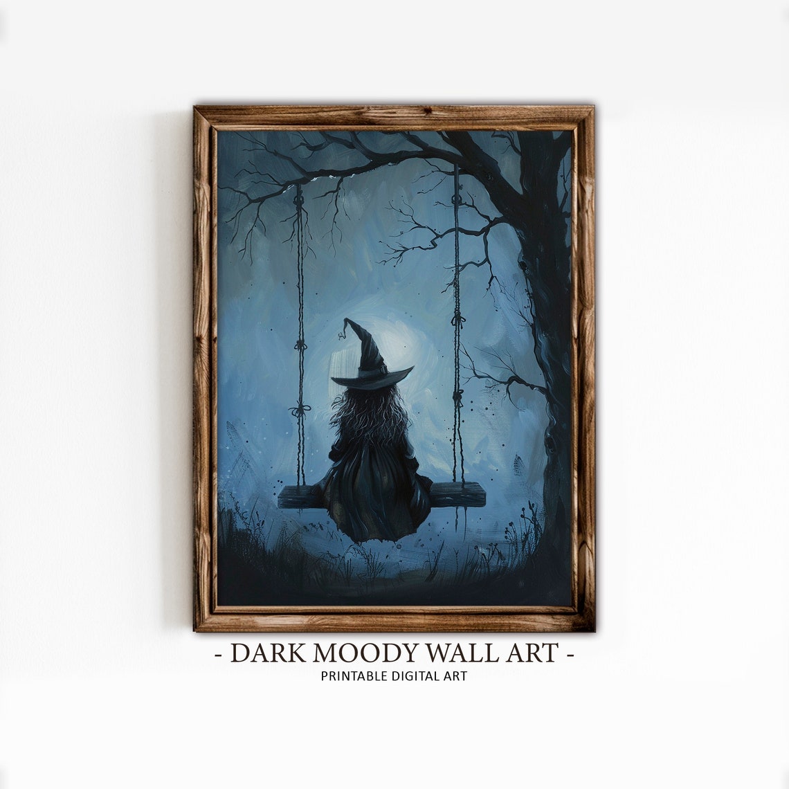Lonely Witch On Swing Beneath Moonlit Night Gothic Art Print