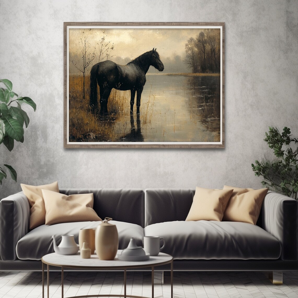 Black Horse Standing In Marsh Water Dark Moody Equine Painting Poster - Image 3