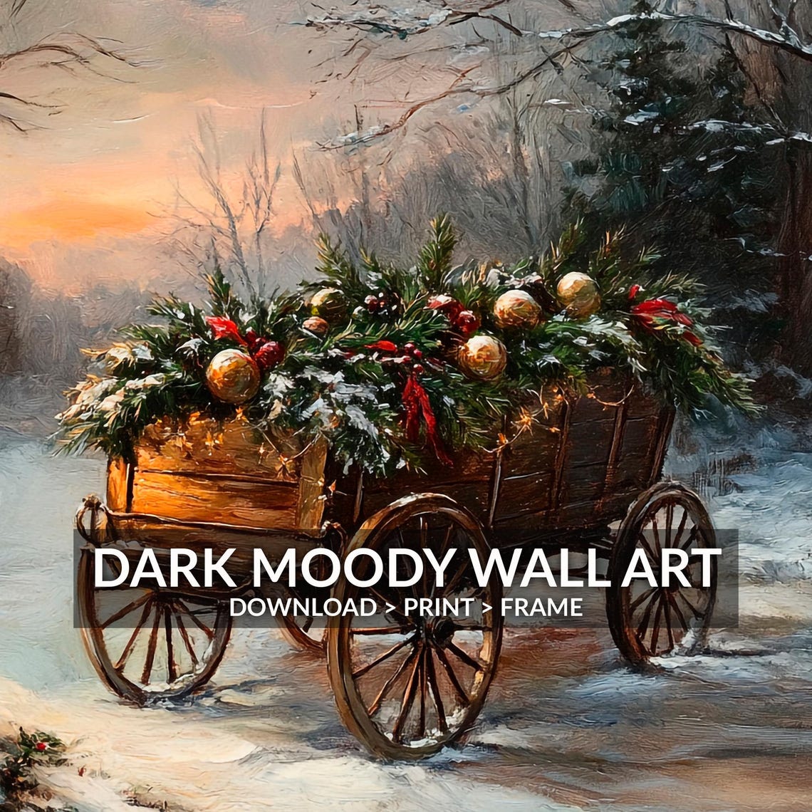 Christmas Cart With Greenery Beside Lamppost at Dusk Wall Art - Image 6
