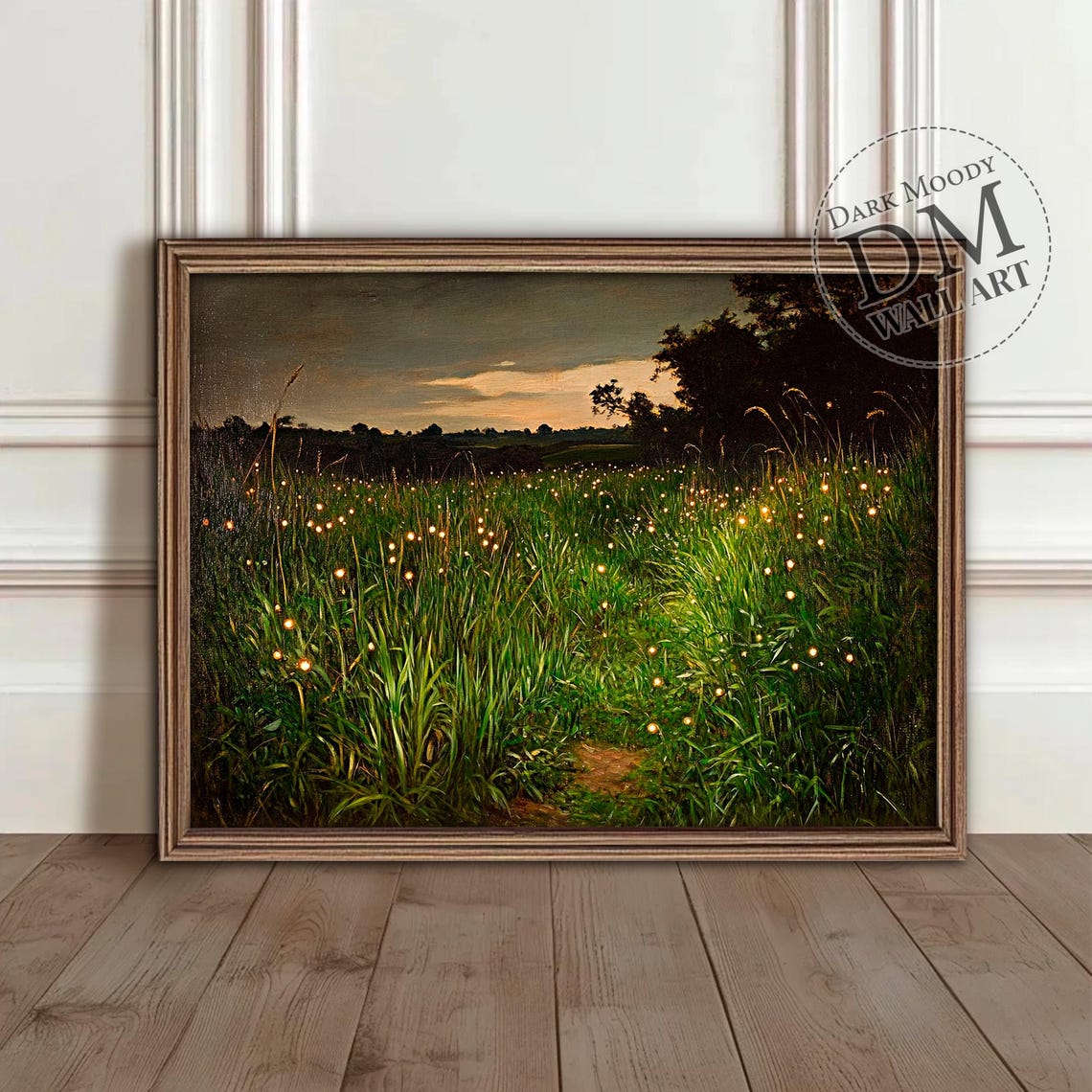 Fireflies at Dusk Painting Glowing Meadow Night Magical Art Poster