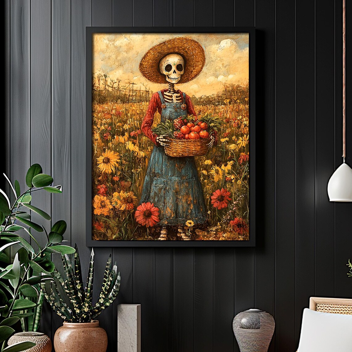 Day of the Dead Skeleton Farmer Harvest Basket Sugar Skull Folk Art Poster - Image 4