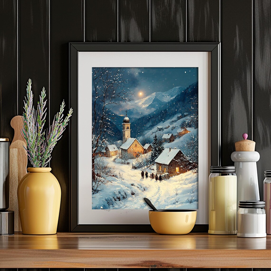 Alpine Village Moonlit Snow Night Winter Landscape Painting Poster - Image 6