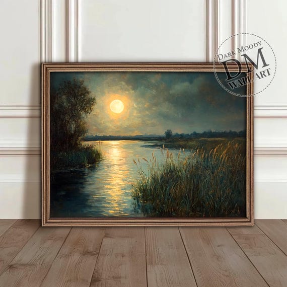 Moonlit River Wall Art Rustic Countryside Landscape Print