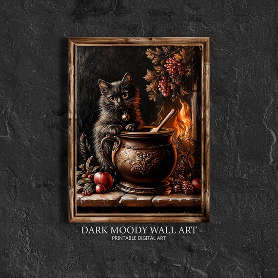 Black Cat in Witch Cauldron Copper Pot Autumn Berries Spooky Halloween Poster