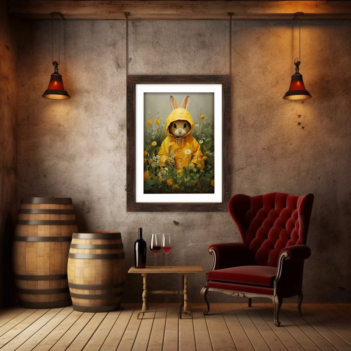 Bunny in Yellow Raincoat Wildflower Meadow Watercolor Spring Poster - Image 4