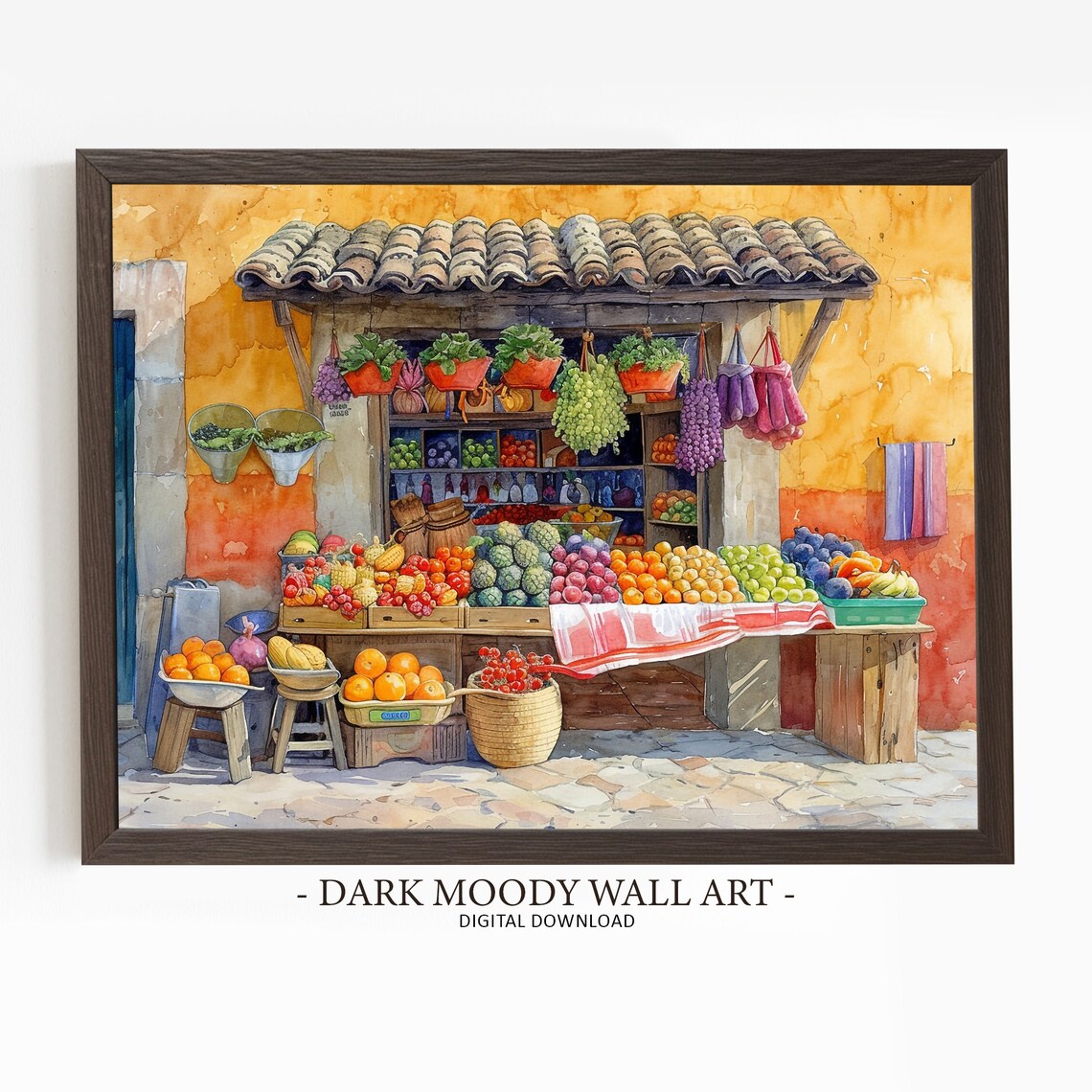 Rustic Old World Fruit Market Stall Watercolor Painting Art Poster