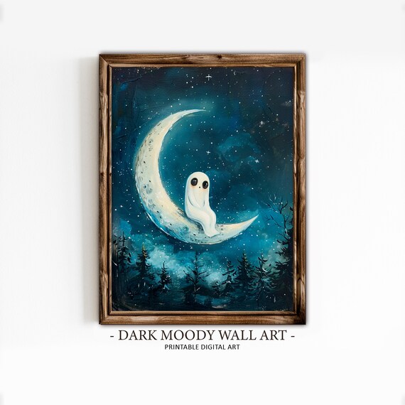 Cute Ghost Sitting On Crescent Moon Starry Night Sky Art Print