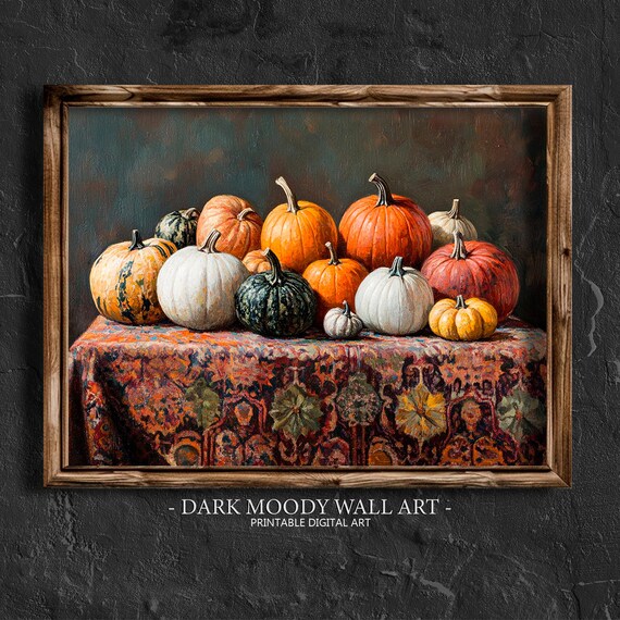 Pumpkin Harvest Still Life With Colorful Gourds Rustic Autumn Oil Painting Poster