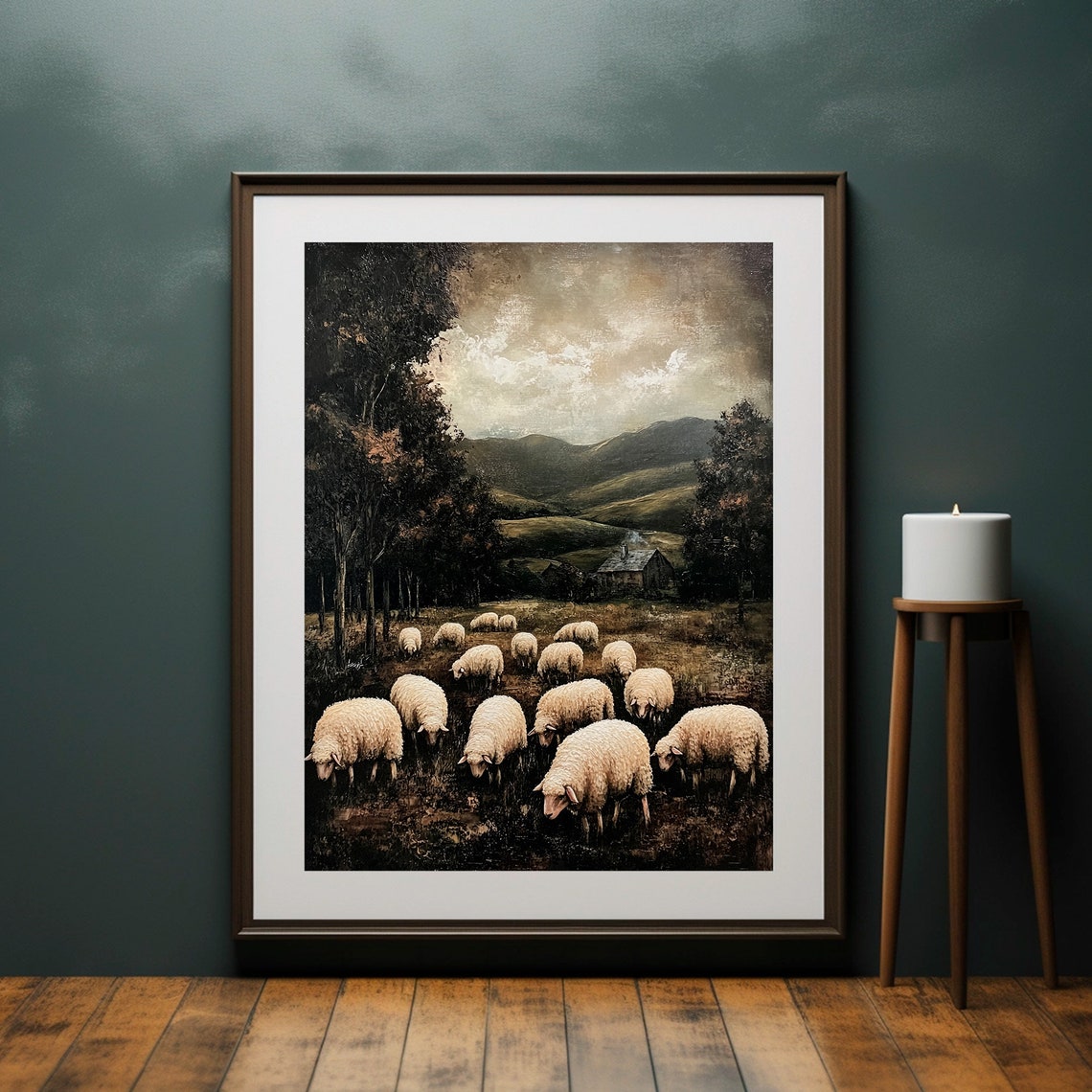 Sheep Flock Grazing Moody Valley Farmhouse Landscape Art Poster - Image 2