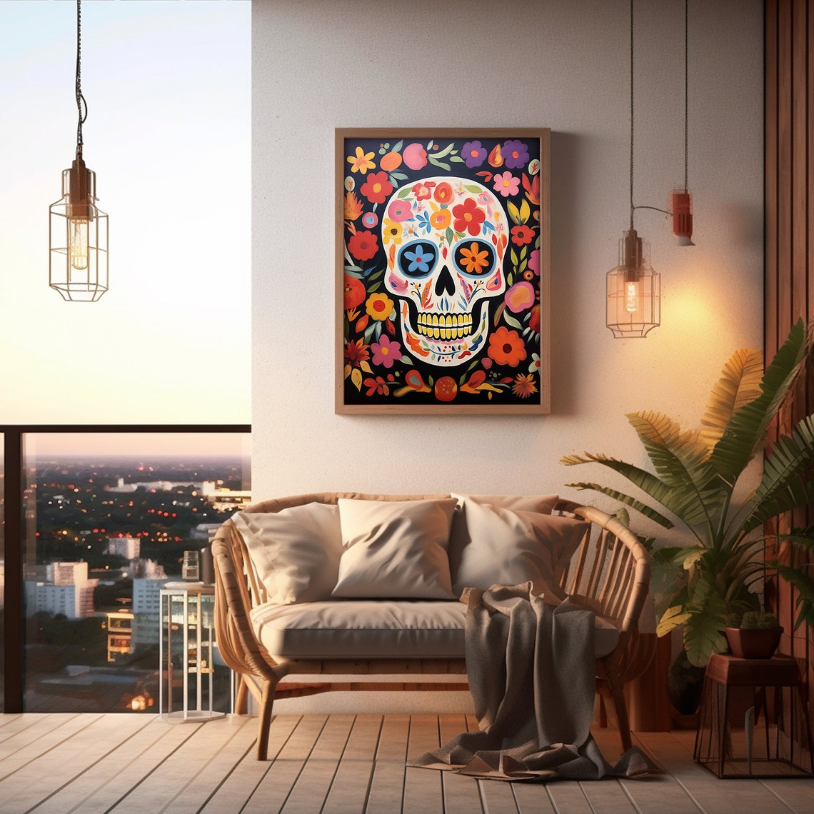 Colorful Sugar Skull Dia De Los Muertos Folk Art Painting Poster - Image 2