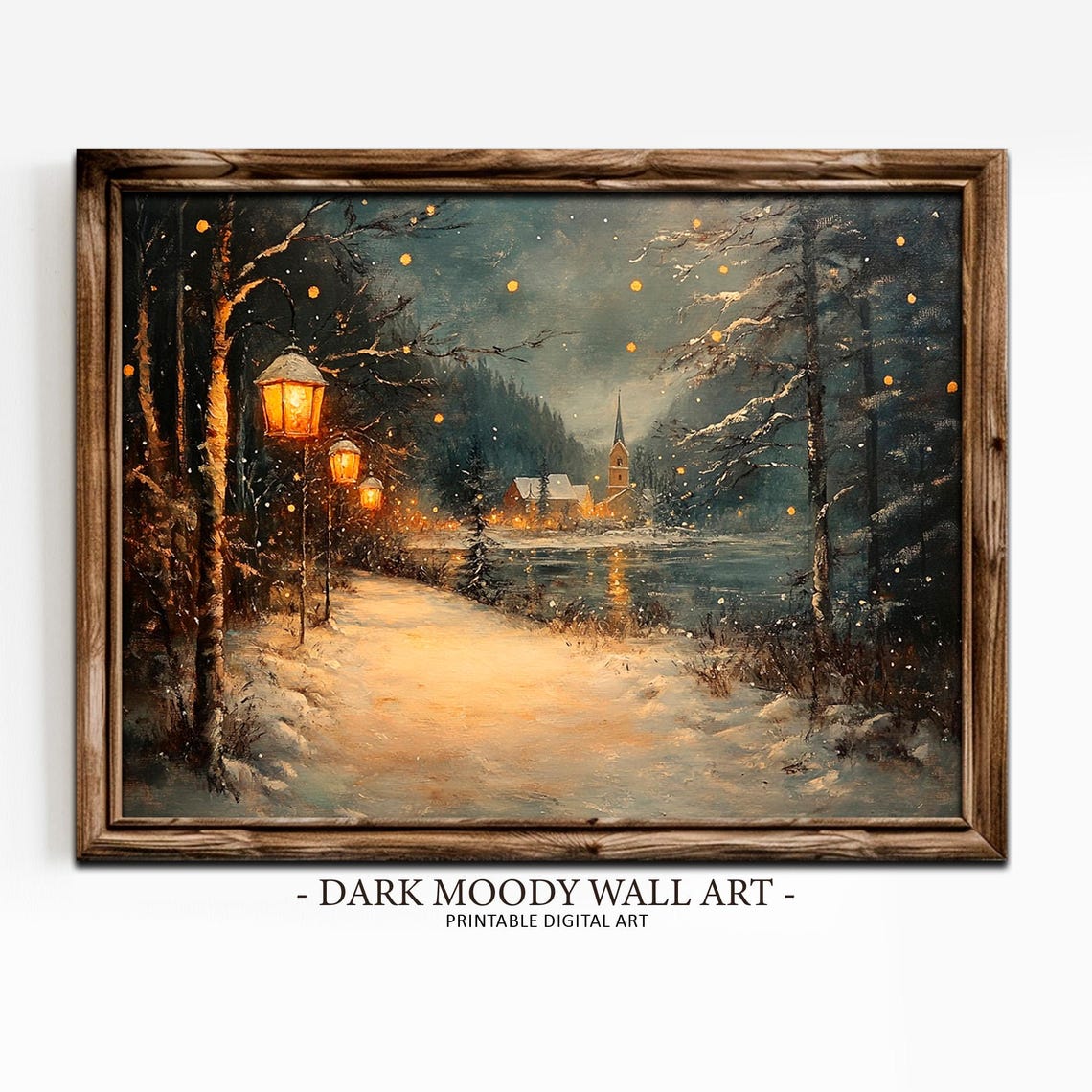 Snowy Lantern Path Silent Night Church Winter Landscape Poster