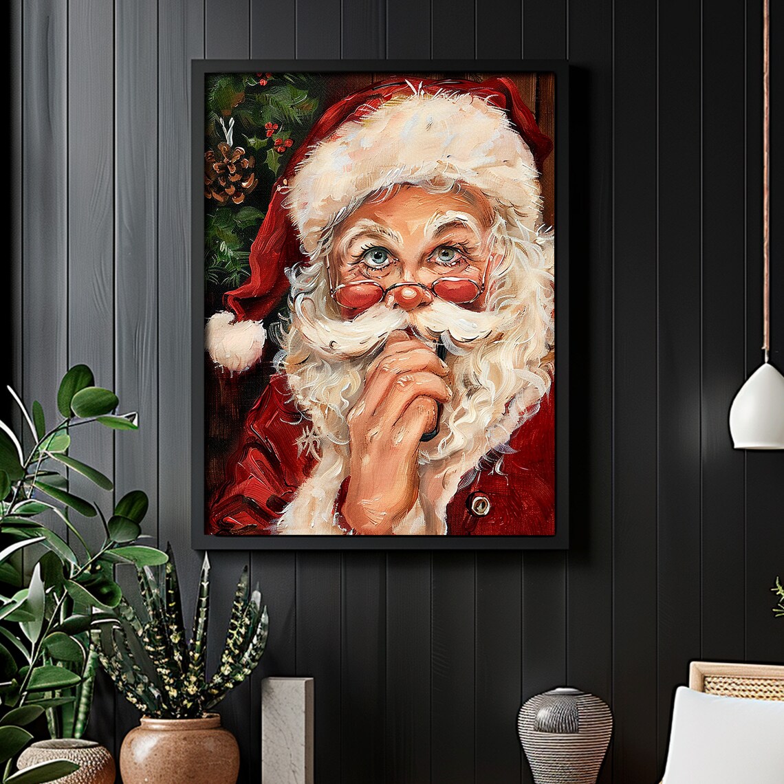 Santa Face Portrait Shushing Finger Pinecones Vintage Christmas Poster - Image 5
