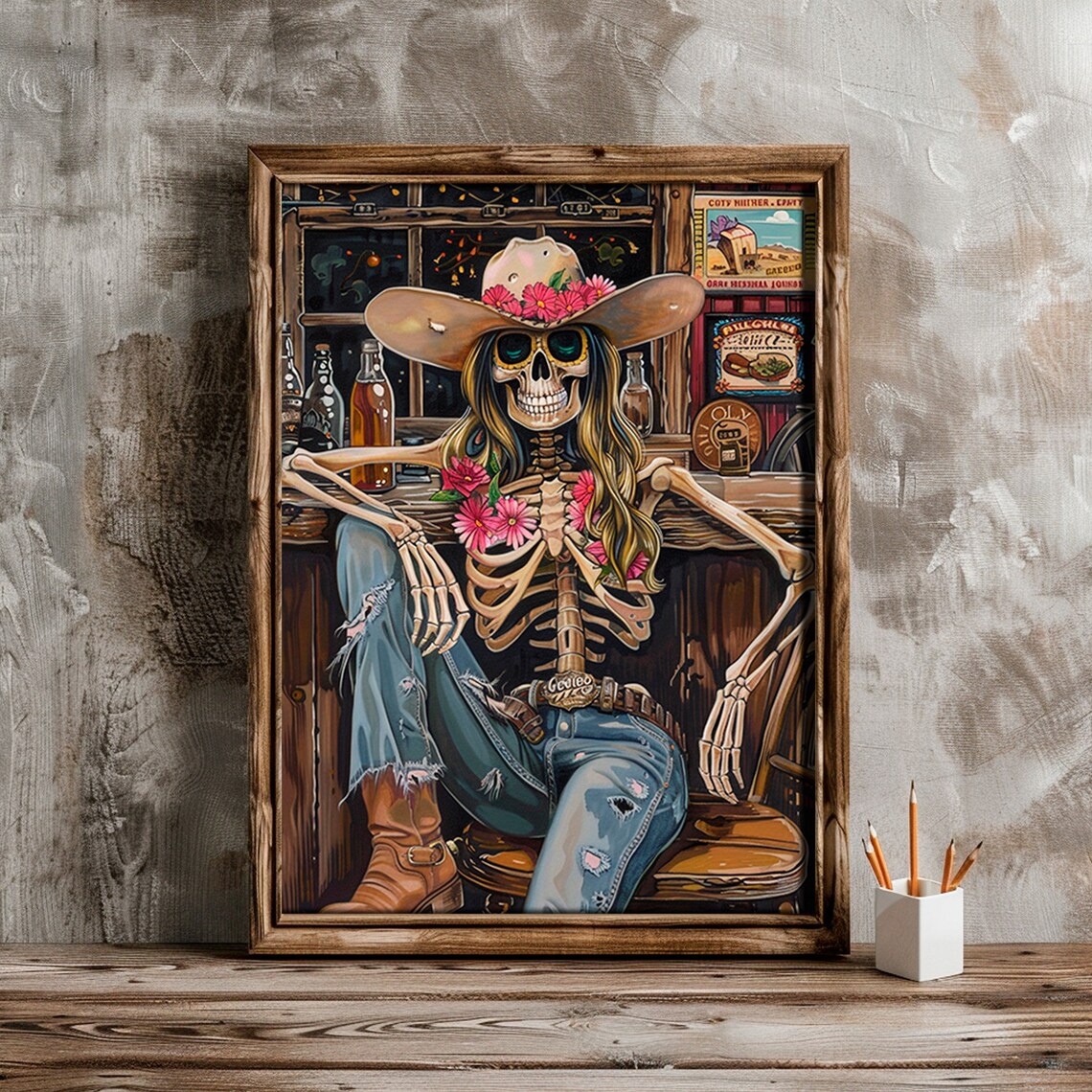 Cowgirl Skeleton Saloon Western Bar Flowers Hat Vintage Art Poster - Image 4
