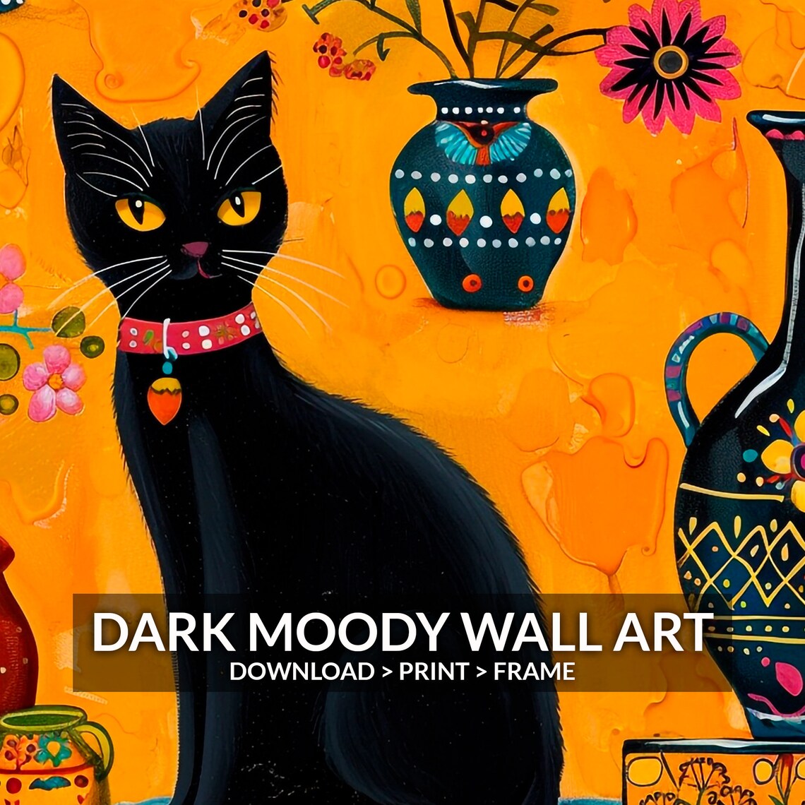 Black Cat Folk Art Painting Pottery Flowers Orange Mexican Art Poster - Image 6