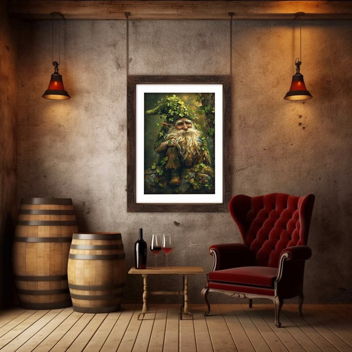 Forest Gnome With Clover Hat Dark Moody Vintage Oil Painting Wall Art - Image 5