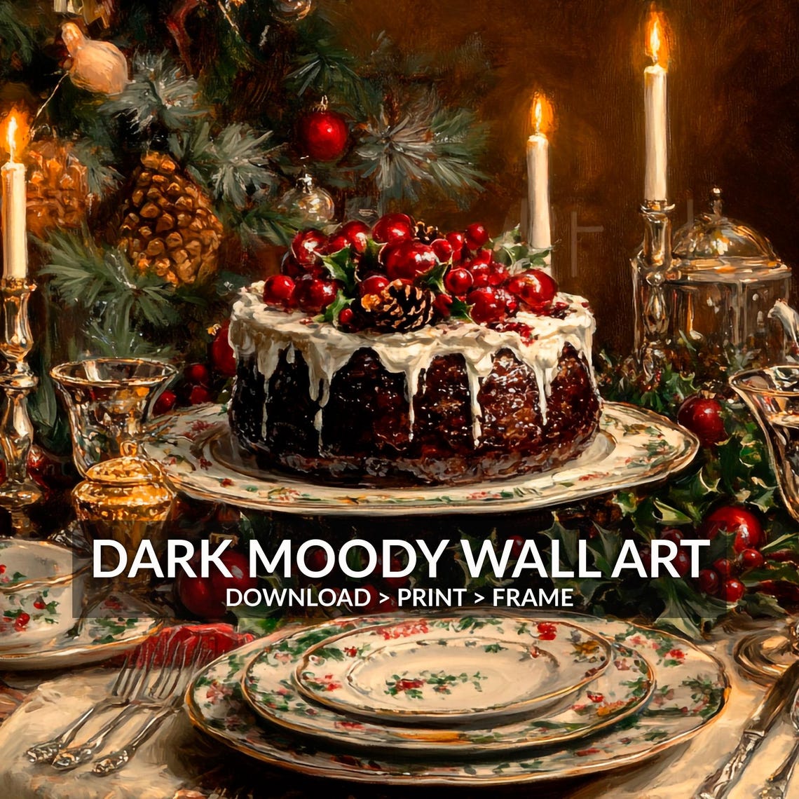 Victorian Christmas Pudding Feast on Candlelit Table Wall Art - Image 2