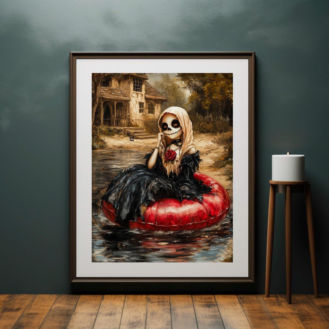 Skeleton Bride Red Rose Pool Float Moody Gothic Halloween Wall Art - Image 2