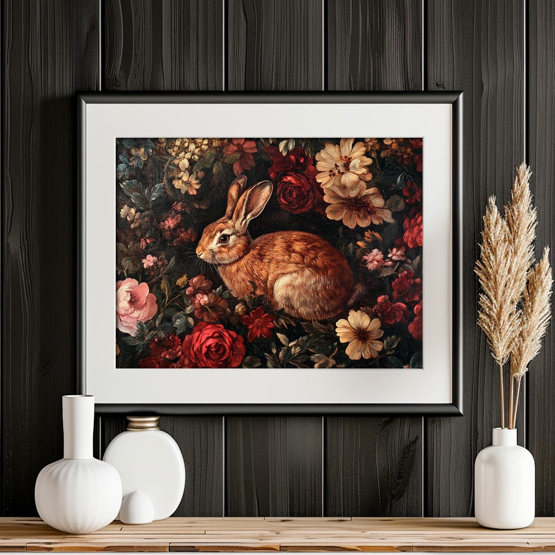 Brown Rabbit Among Dark Red Roses Vintage Floral Bunny Wall Art - Image 4