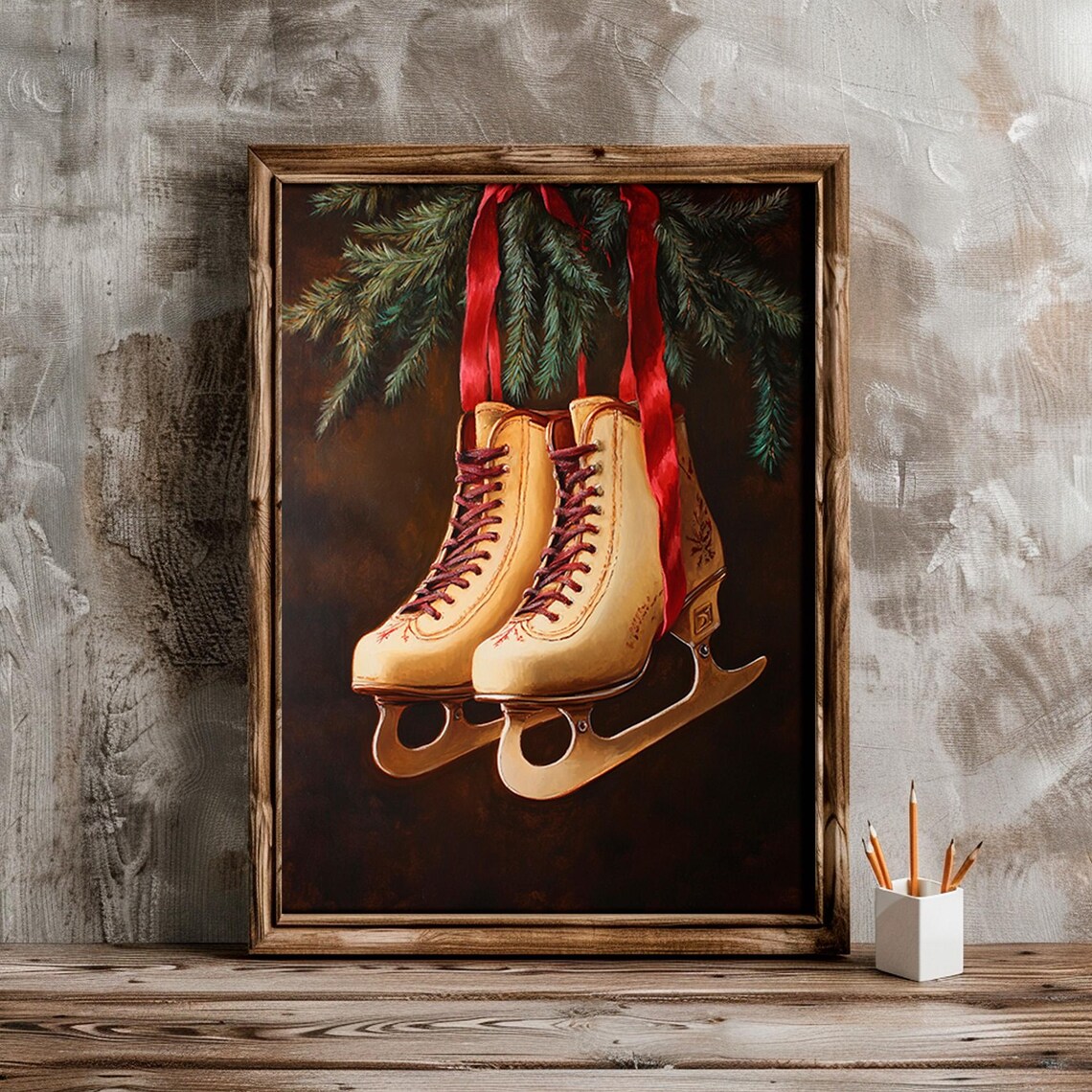 Vintage Ice Skates Christmas Hanging Evergreen Red Ribbon Wall Art - Image 5