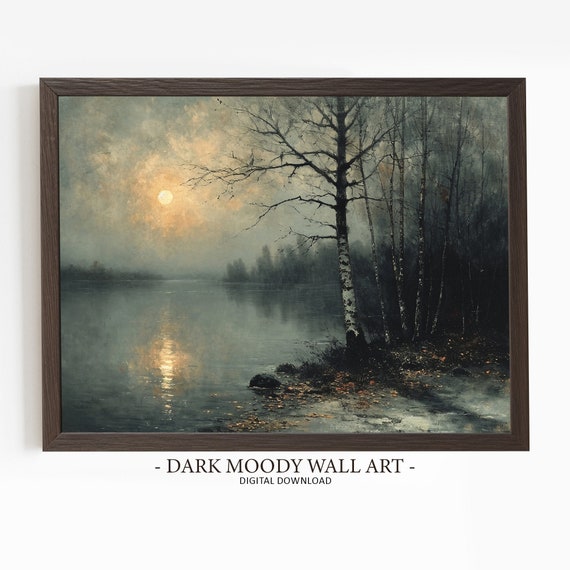 Moonlight Lake Painting Moody Forest Landscape Prints Dark Cottagecore Art Rustic Wall Decor