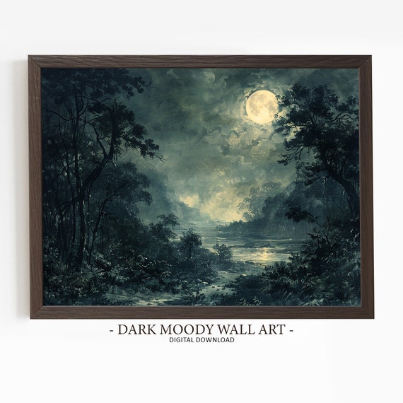 Full Moon Print Dark Moody Moonlight Painting Moody Landscape Art Wall Art