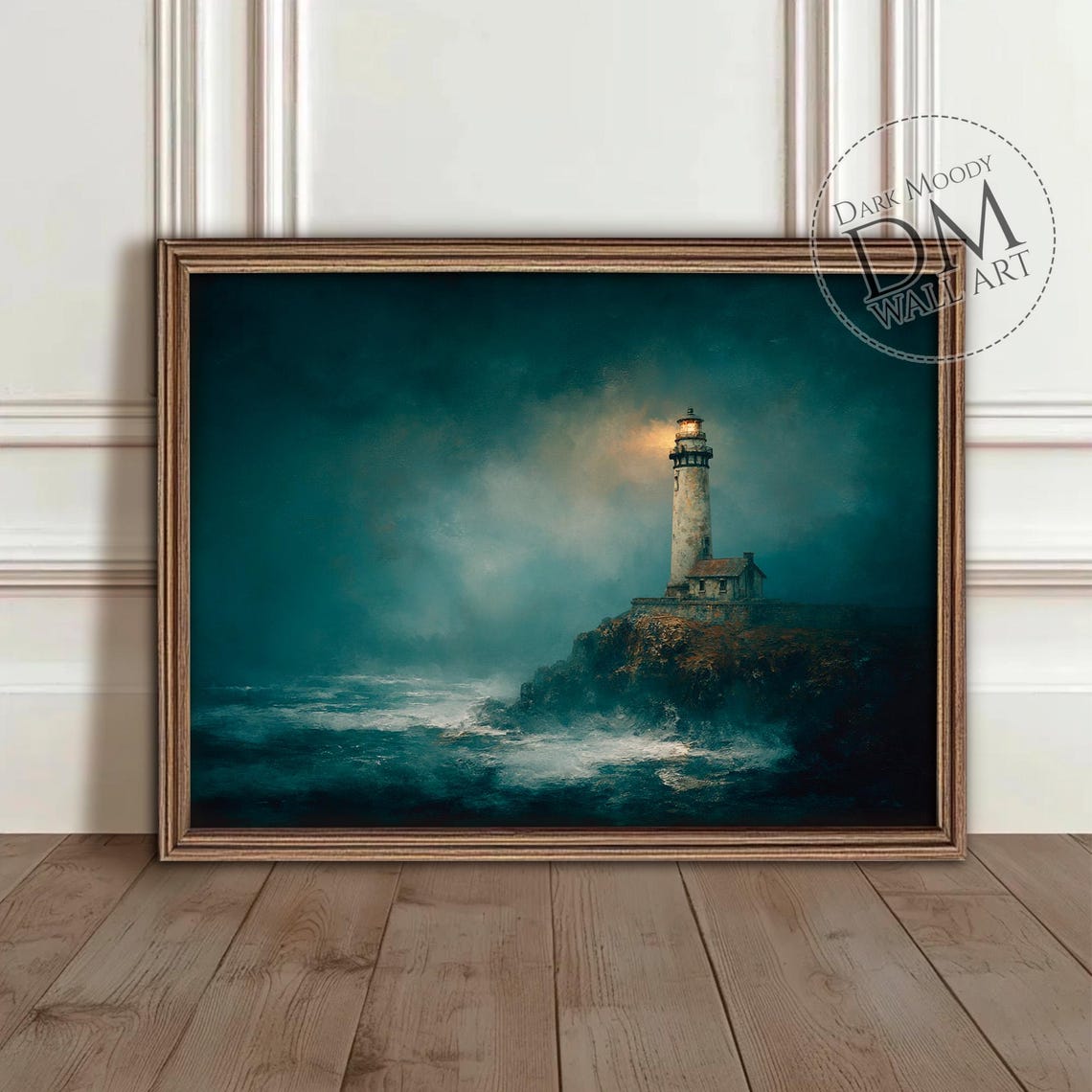 Stormy Lighthouse On Rocky Cliffs Dark Moody Ocean Night Poster