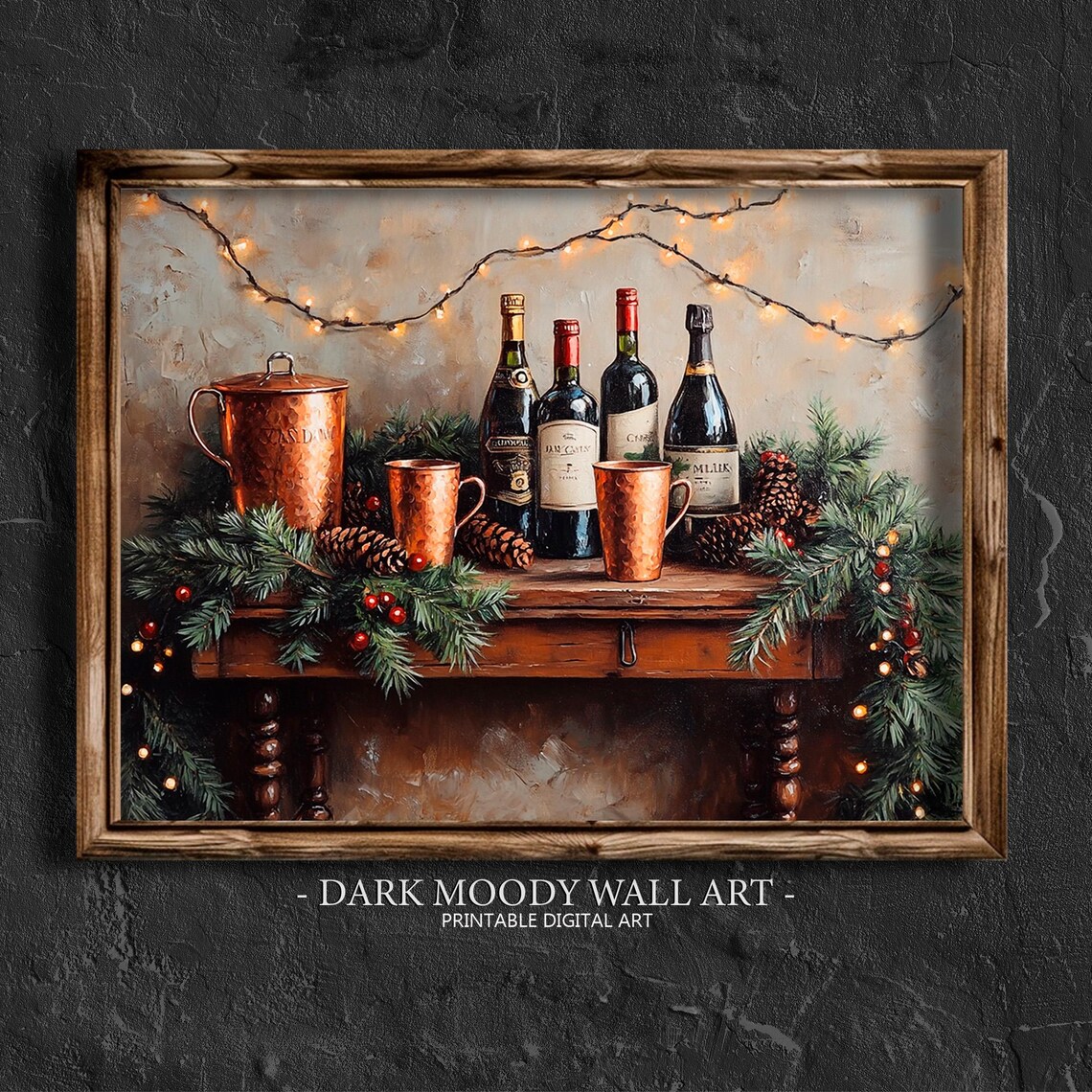 Cozy Copper Mugs and Wine Bottles on Christmas Bar Cart Wall Art - Image 4