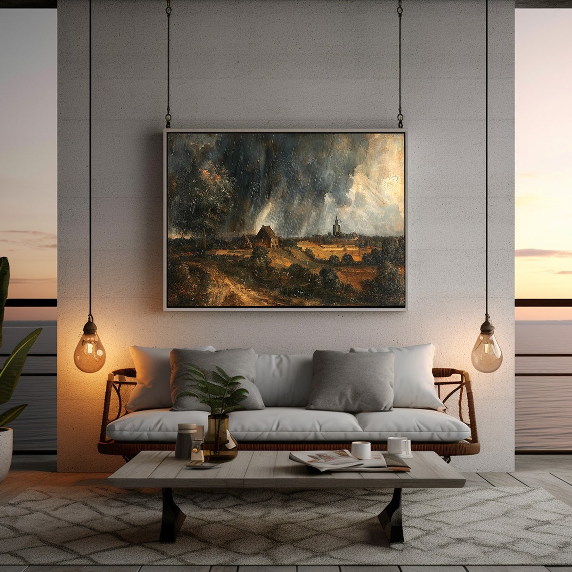 Rainy Countryside Landscape Farm Village Storm Painting Poster - Image 4