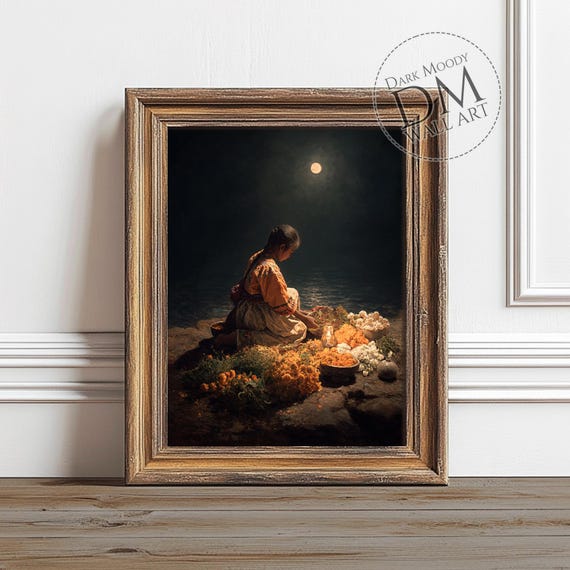 Dia De Muertos Girl, Mexican Folk Moonlit Marigold Art Print