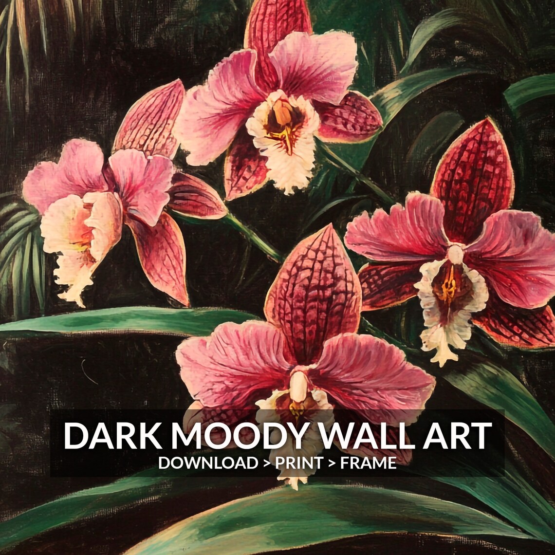 Pink Orchid Blooms Dark Jungle Botanical Painting Decor Poster - Image 6