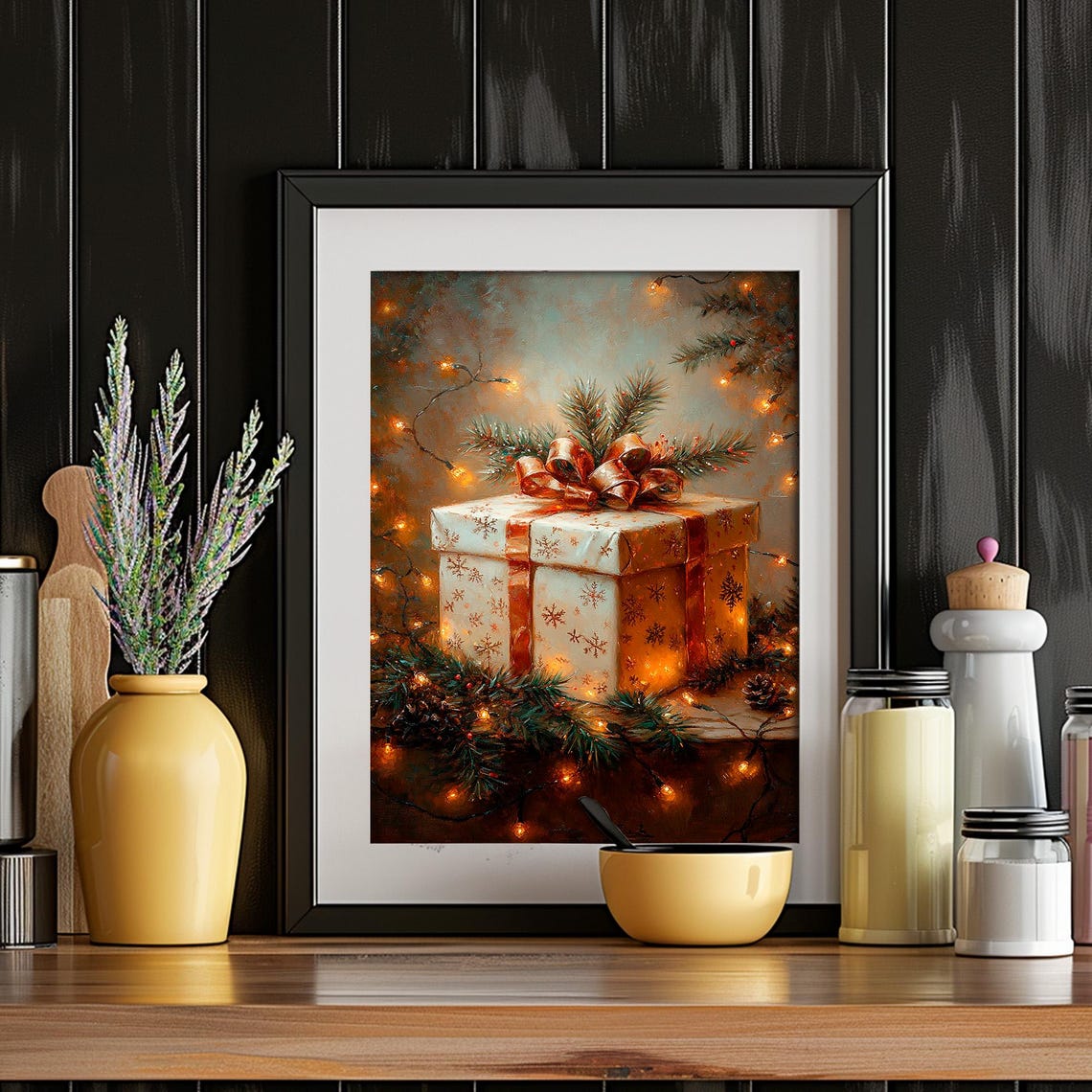 Copper Bow Gift Box Pine Fairy Lights Rustic Christmas Poster - Image 4