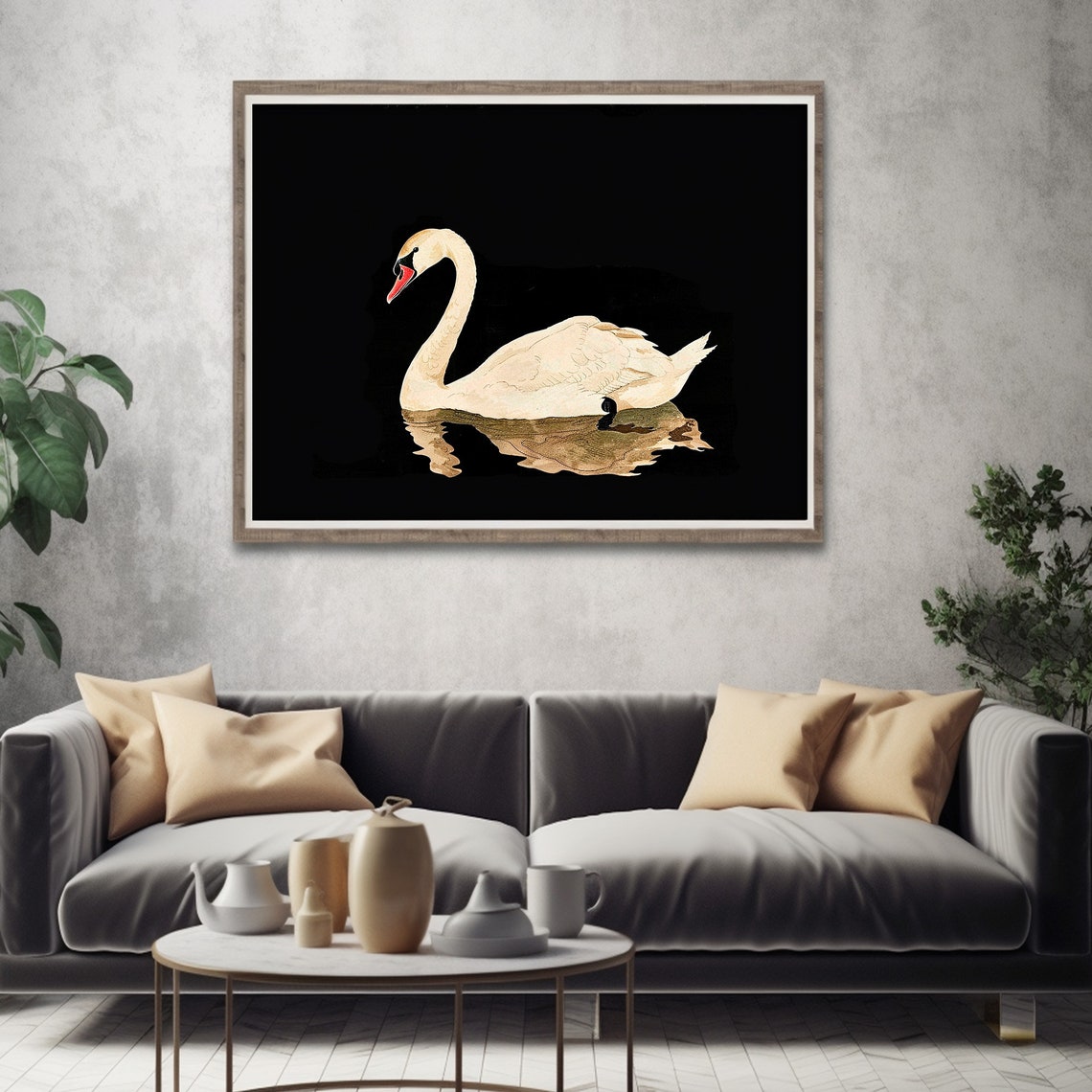 White Swan Minimalist Painting Black Background Elegant Bird Wall Art - Image 5