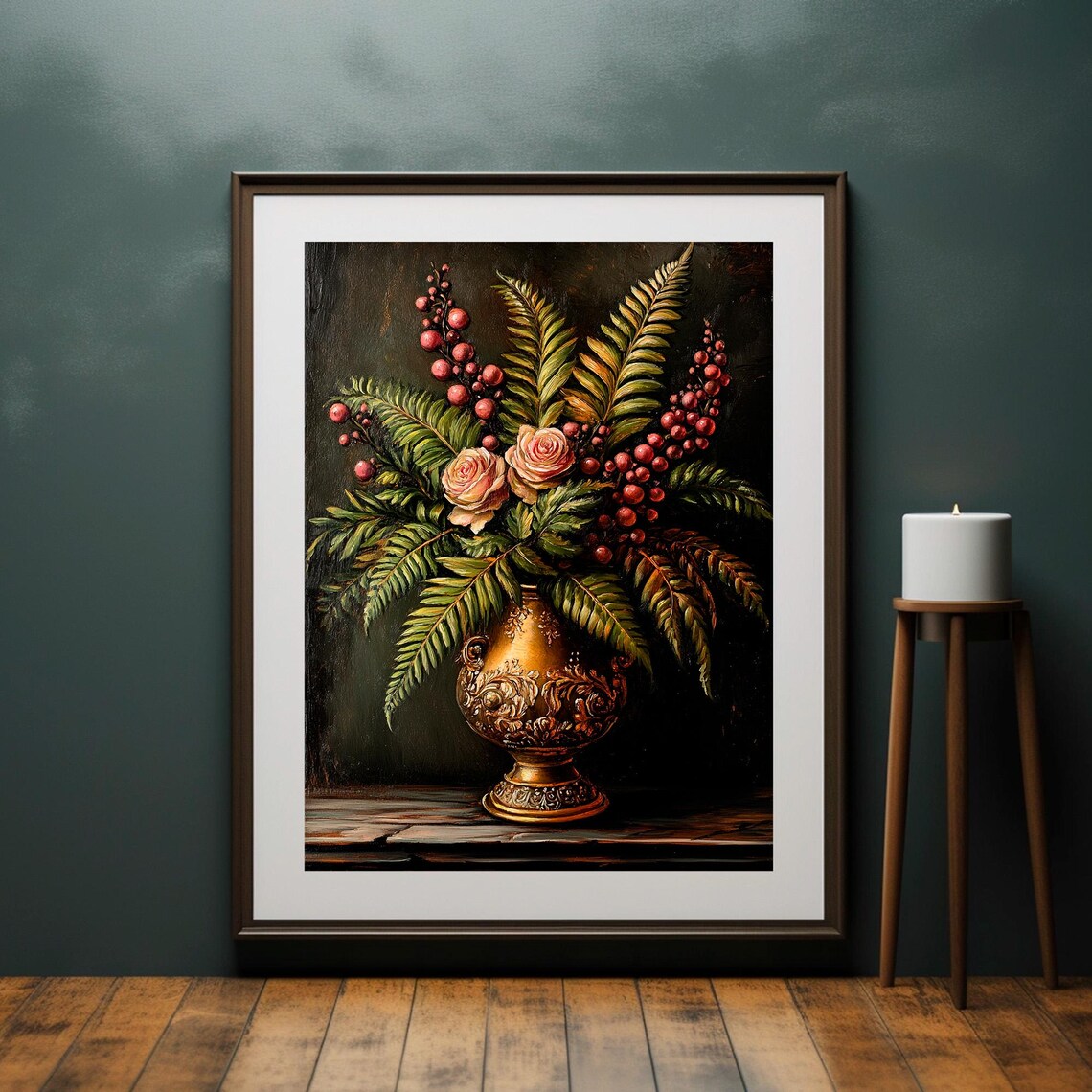 Roses and Berries in Gold Vase Moody Floral Still Life Poster - Image 2