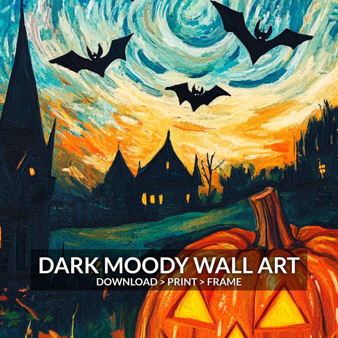 Jack-o-Lantern With Bats Under Swirling Starry Night Gothic Spooky Poster - Image 2