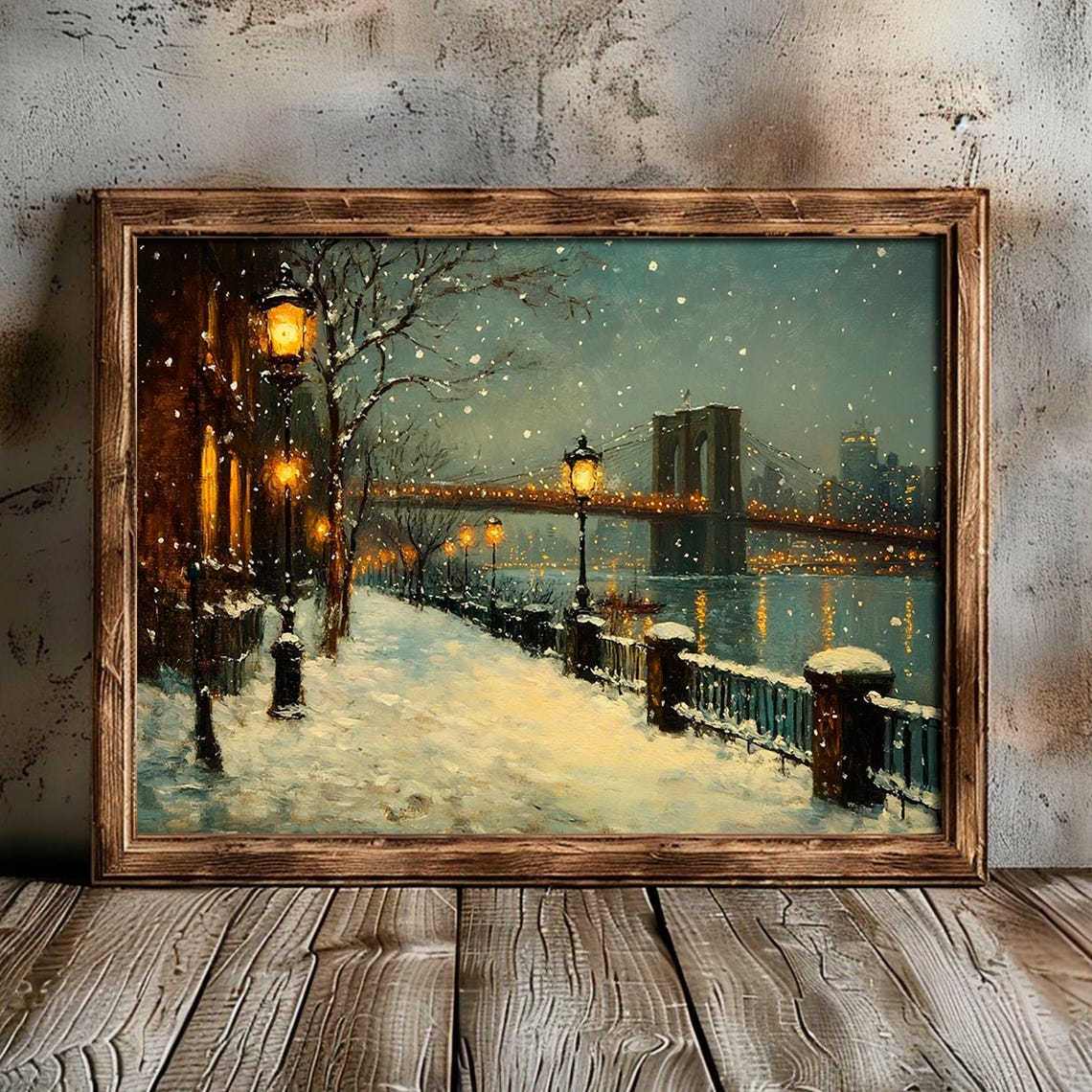 Brooklyn Bridge Snowy Waterfront Promenade Dusk Glow View Poster - Image 4