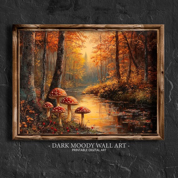Fly Agaric Mushrooms Forest Stream Golden Autumn Painting Wall Art