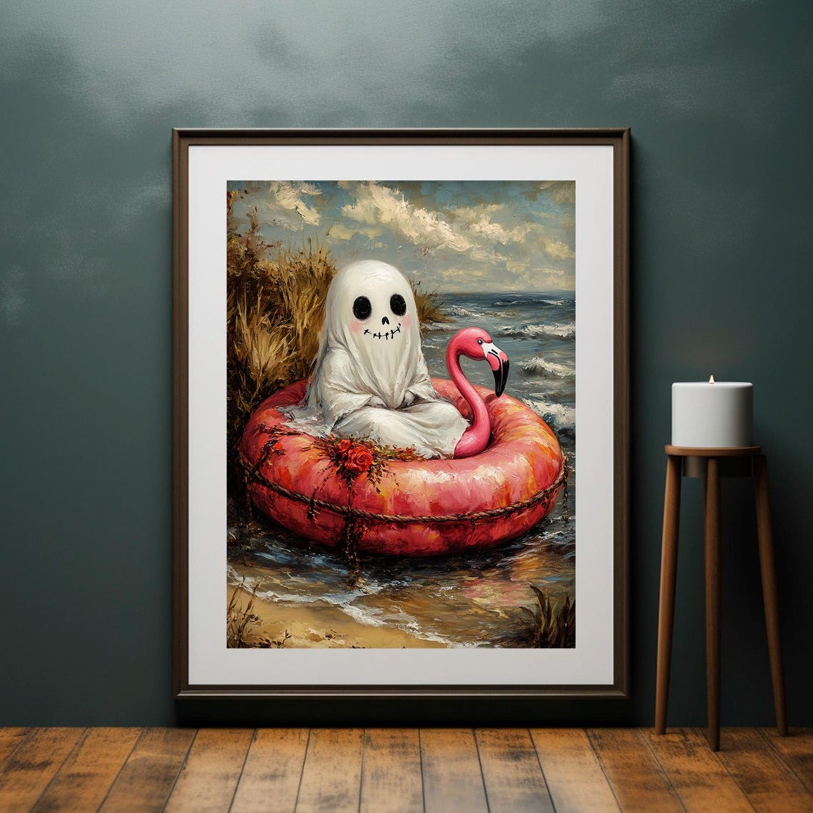 Cute Ghost Pink Flamingo Pool Float Beach Summer Halloween Wall Art - Image 2