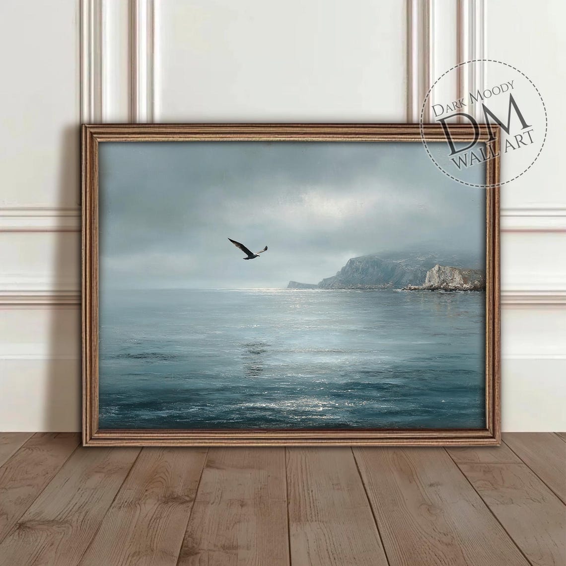 Lone Seagull Flying Over Moody Gray Ocean And Rocky Cliffs Poster