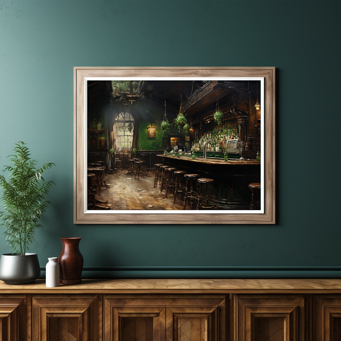 Dark Irish Pub Bar Interior Stools Hanging Plants Moody Poster - Image 2