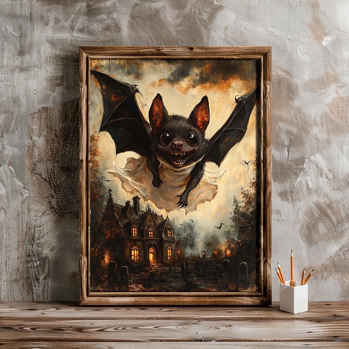 Cute Bat Flying Over a Haunted House Dark Moody Halloween Oil Painting Poster - Image 2