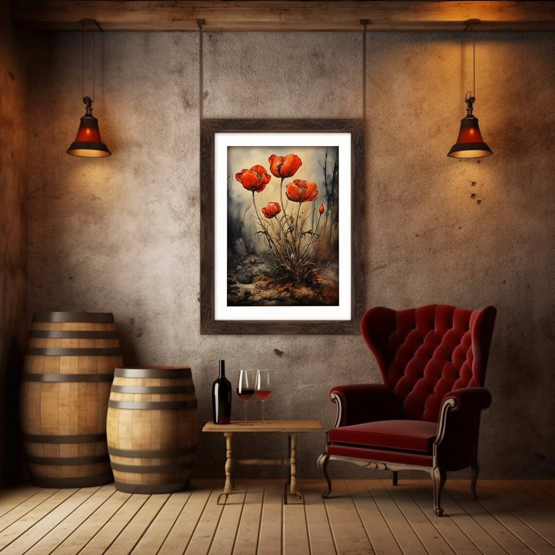 Soft Red Poppies in the Mist Watercolor Floral Landscape Poster - Image 6