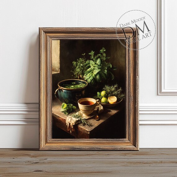 Herbal Tea Pot Mint Lime Dark Moody Kitchen Still Life Oil Painting Art Poster