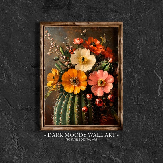 Vintage Cactus and Flowers Print, Dark Academia Decor