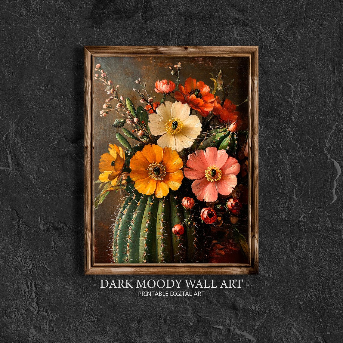 Vintage Cactus and Flowers Print, Dark Academia Decor