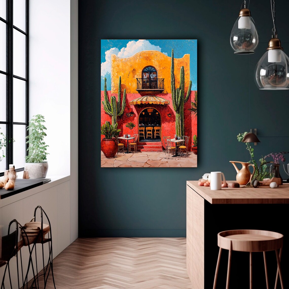 Mexican Hacienda Orange Facade Saguaro Cactus Desert Courtyard Poster - Image 2