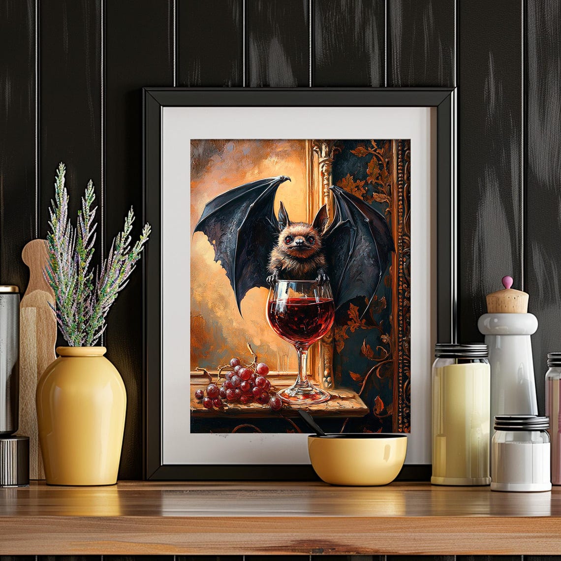 Cute Little Bat Sitting in Wine Glass Grapes Funny Gothic Art Poster - Image 4