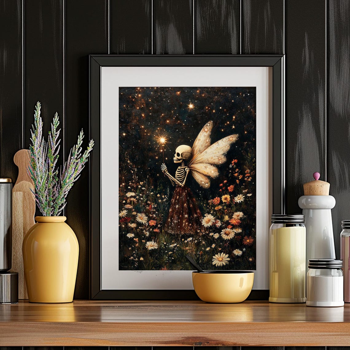 Skeleton Fairy with Wings Starry Night Wildflower Meadow Art Poster - Image 5