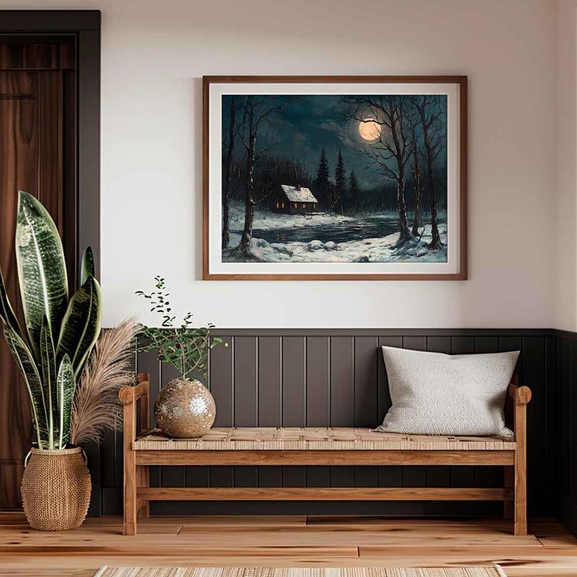 Moonlit Snowy Cabin by the River Winter Night Painting Poster - Image 2